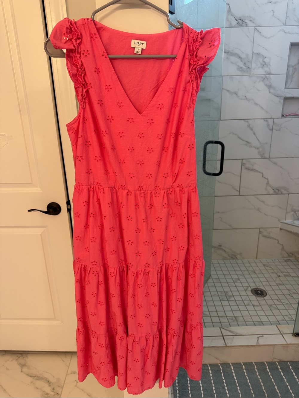 J. Crew Coral Eyelet V-Neck Tiered Maxi Dress